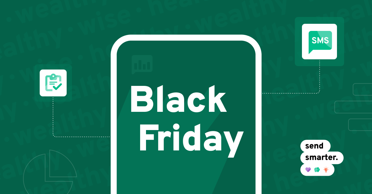 Outline of mobile phone with Black Friday text and messaging symbols