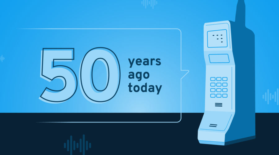 picture of old style mobile phone with text: 50 years ago today