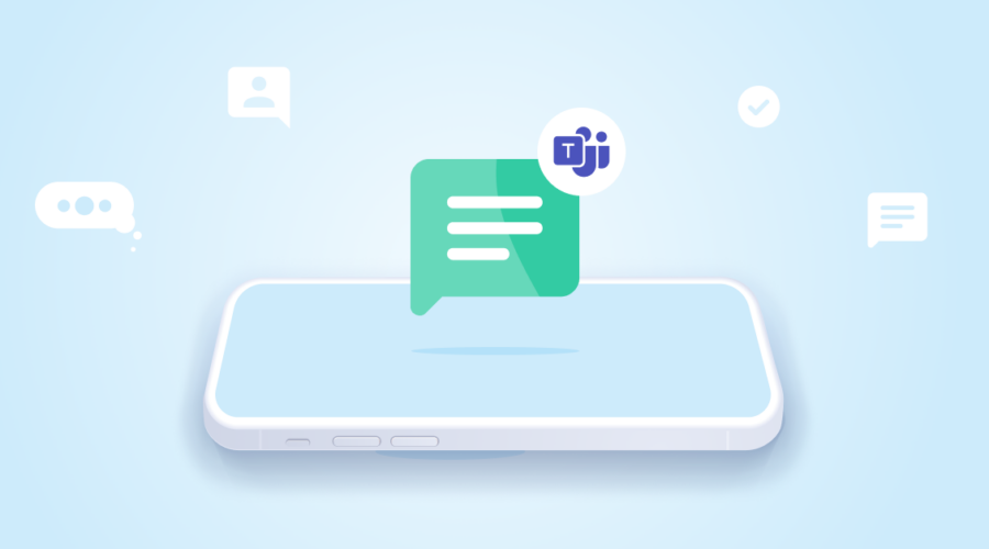 A mobile with a text cloud with Microsoft Teams logo indicating how to send texts from Microsoft Teams