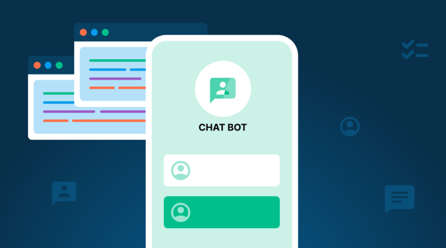 A phone showing an SMS chatbot o screen with screens of code behind the phone