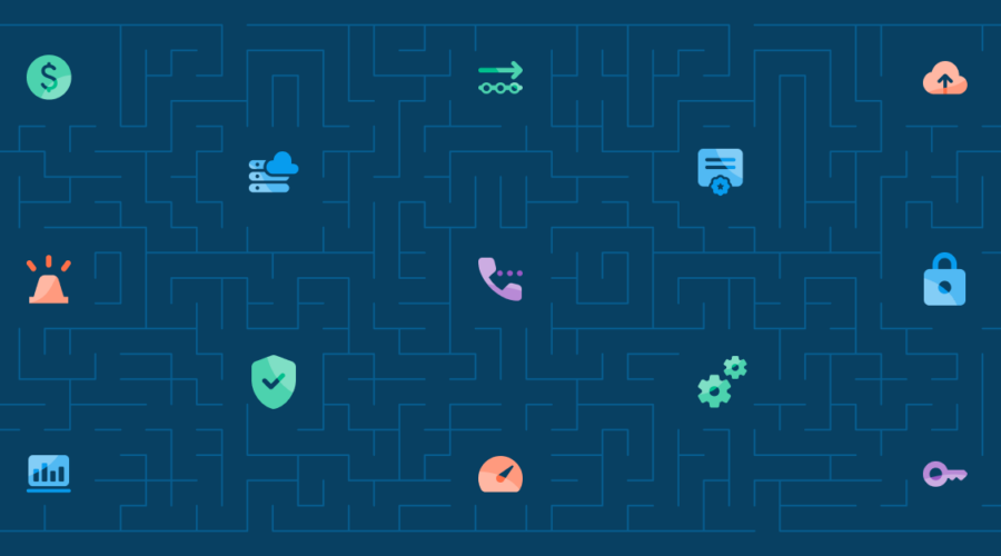 Blue maze with icons spread across