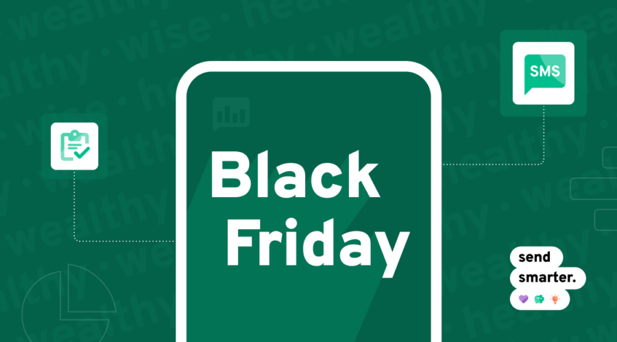 Outline of mobile phone with Black Friday text and messaging symbols