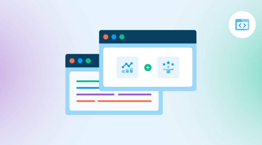 Two windows showing lines of code and rise in customer satisfaction